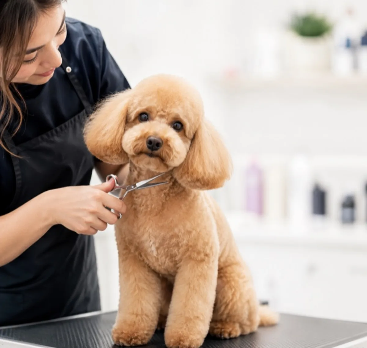 Pet kuaför salonunda bakım yapılan köpek
